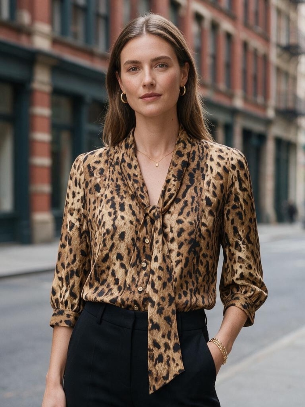Tory Burch Leopard-Print Tie-Neck Blouse in Tan and Black